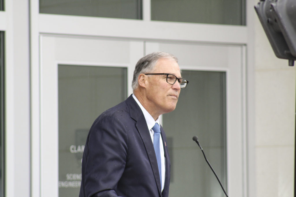 Washington State Governor Jay Inslee speaks at a ribbon-cutting for the new, 70,000-square-foot science, technology, engineering and mathematics building at Vancouver’s Clark College on Mon., Oct. 3. Photo by Kelly Moyer.