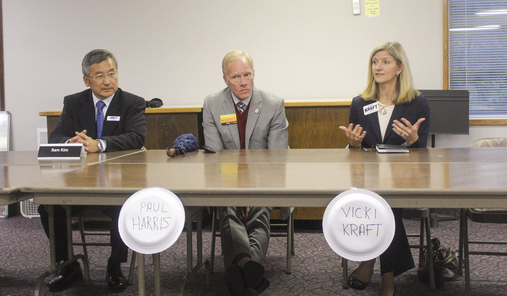 Three candidates who are running for positions within the state’s 17th Legislative District took part in a candidate forum on Oct. 13. Pictured, from left to right, are Sam Kim, Paul Harris and Vicki Kraft. Photo by Joanna Yorke