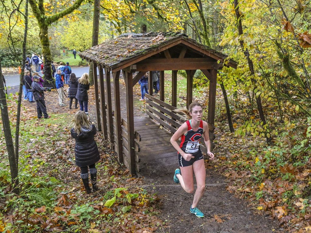 Led by meet champion Emma Jenkins (21), Camas easily won its fifth consecutive Greater St. Helens League Class 4A girls cross country championship Thursday at Lewisville Park in Battle Ground. Photo by Mike Schultz 