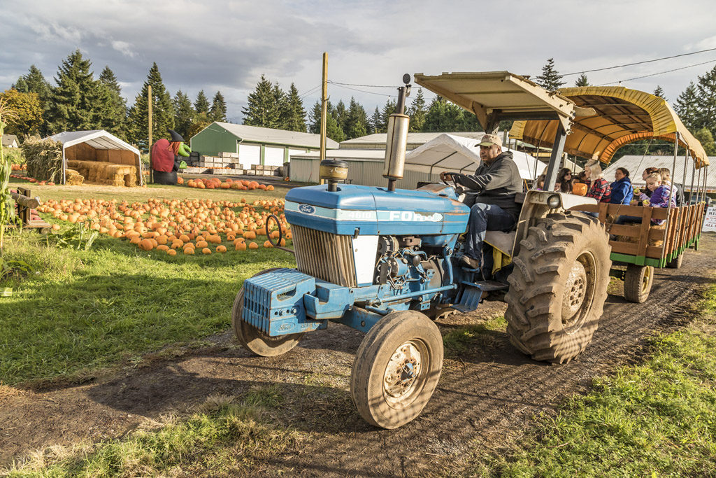 Children and adults alike enjoy a hayride to the pumpkin patch at Joe’s Place Farms in Vancouver. Photo by Mike Schultz