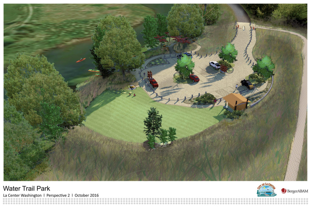This illustration shows preliminary ideas for a future park in the city of La Center, which will connect the city with a 32-mile waterway that runs from Woodland to Vancouver. Illustration courtesy of BergerABAM and city of La Center