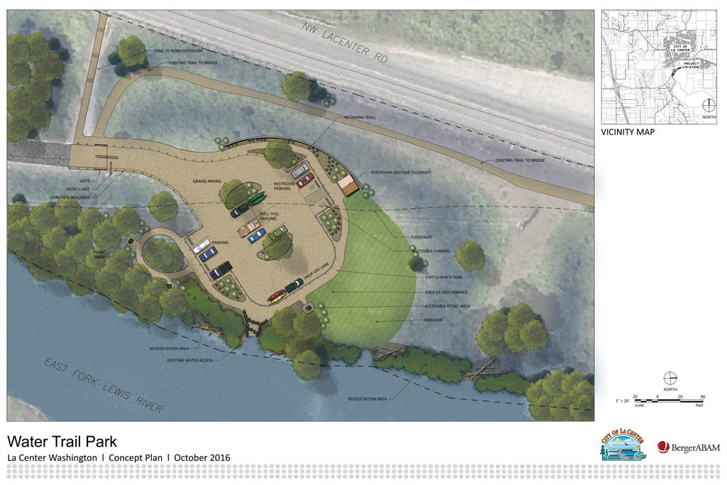 Another look at what city planners and consultants from the civil and structural engineering firm BergerABAM have in mind for La Center’s future water trail park, which will be located at the end of Pollock Road near the shores of the East Fork Lewis River. Illustration courtesy of BergerABAM and city of La Center