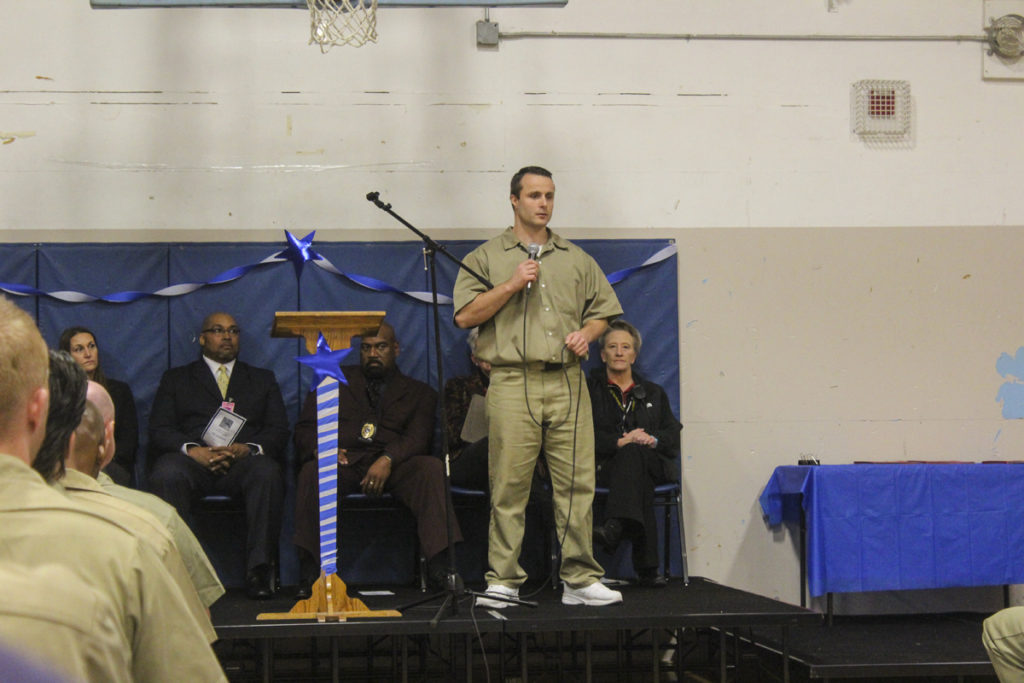 Roger Taylor, an inmate who delivered a speech on behalf of Class 24, explained how much of an impact the Thinking for a Change program had on him as he addressed guests and other inmates at the Oct. 13 graduation ceremony at Larch. Photo by Joanna Yorke