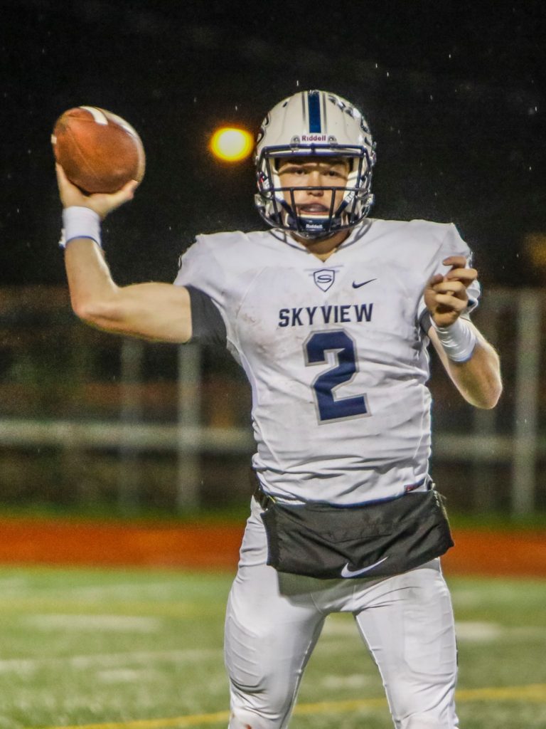 Skyview quarterback Brody Barnum (2) throws a pass against Union Friday. Photo by Mike Schultz