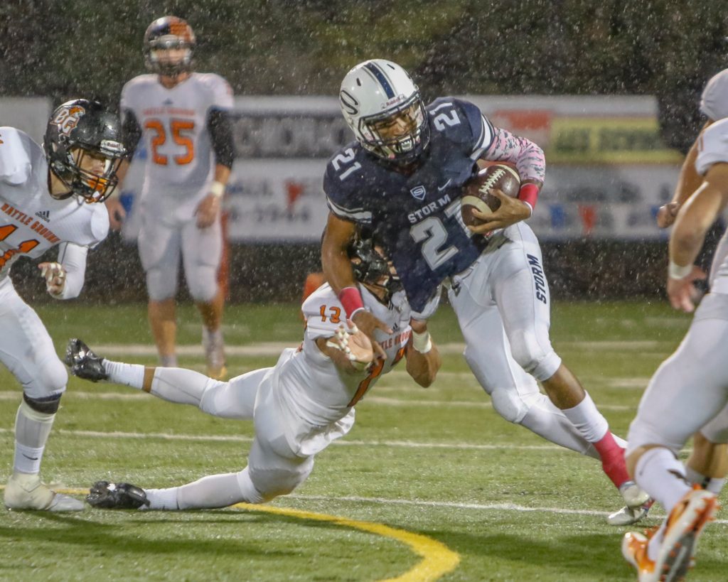 Skyview wide receiver Jeremiah Wright (21) runs by Battle Ground defensive back Tommy Renfroe (13). Photo by Mike Schultz.