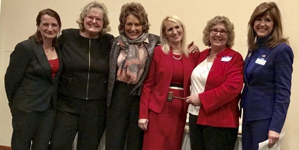 The new Clark County Republican Women officers (from left to right) Treasurer Suzanne Gerhardt, Secretary Anna Miller, Second Vice President Liz Pike, First Vice President Stacie Jesser, and president Connie Jo Freeman gather with Washington State Republican Party Chairman Susan Hutchison (far right) at the Clark County Republican Women’s gala event, held Thu., Jan. 12 in Vancouver. Photo courtesy of David Madore