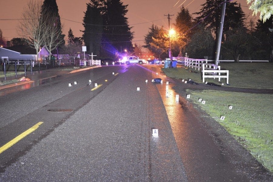 This is the scene of an auto/pedestrian hit and run crash that occurred during the early morning hours of Mon., Feb. 20. The crash occurred at the 4100 block of Northeast 54th Avenue in Vancouver. Photo courtesy of the Clark County Sheriff’s Department