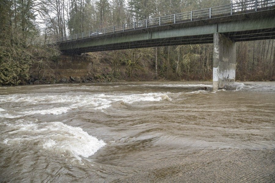 Rains and higher temperatures led to flood warnings around Clark County. This photo shows the East Fork Lewis River near Daybreak Park in Battle Ground on Thursday. Photo by Mike Schultz