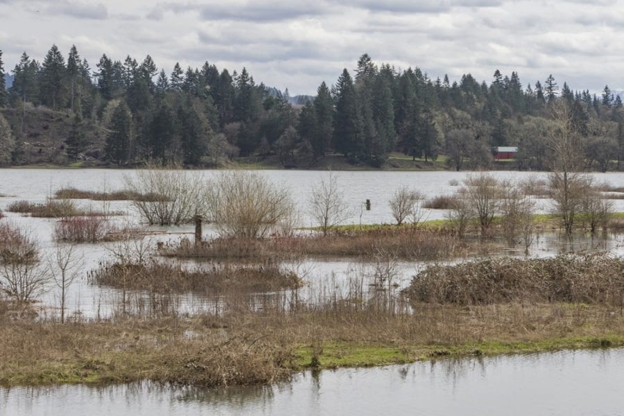 Recent storms have drenched most areas of Clark County, including the overflowing ‘Wetland Bottoms’ area in La Center pictured here. A new, countywide hazard mitigation plan will help local cities, fire districts and schools plan ahead for natural disasters like floods, earthquakes, severe weather and other natural hazards. Photo by Mike Schultz