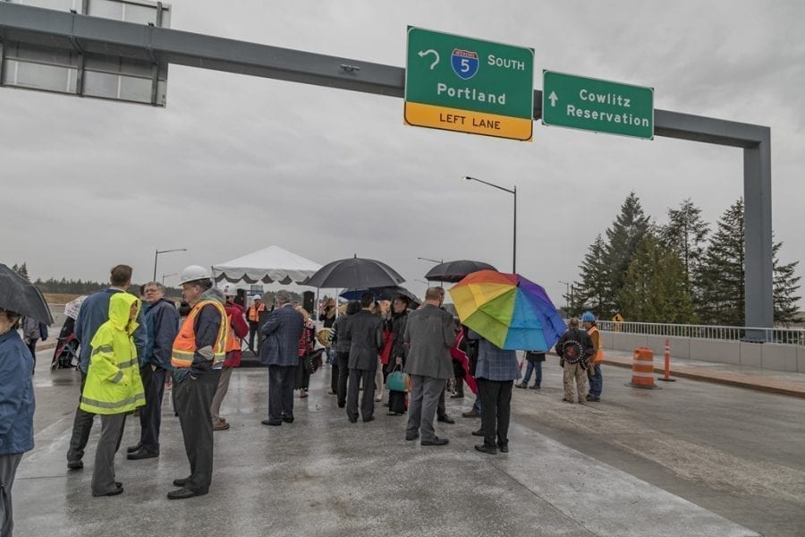 A small crowd of area residents and community leaders joined leaders and members of the Cowlitz Indian Tribe Tuesday afternoon to celebrate the opening of the new Interstate 5, Exit 16 interchange. Photo by Mike Schultz