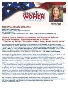 Forensic Accountant and Author Tiffany Couch to provide the keynote address at the next Clark County Republican Women’s Dinner, May 19.