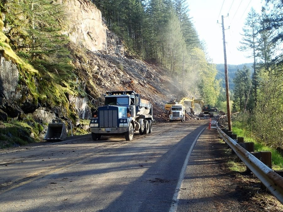 SR 503 has been closed east of Woodland since March 13, when a portion of the hillside slid onto the highway, also known as Lewis River Road. Photo courtesy of Washington State Department of Transportation