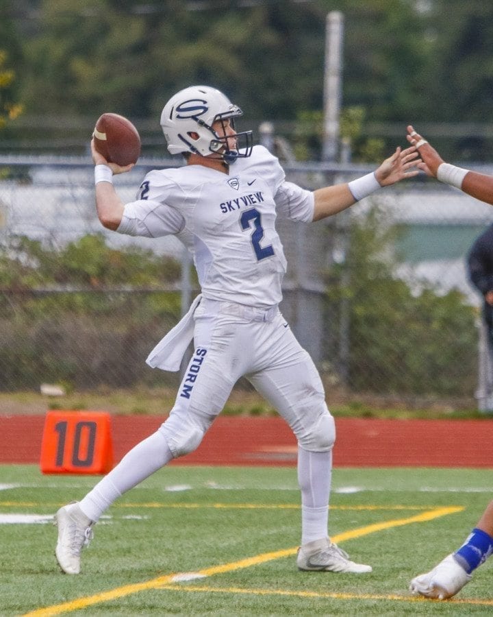 Skyview quarterback Brody Barnum (2) is shown here in a game last fall. Barnum led the Storm to a regional victory in the Class 4A state playoffs on Nov. 19, 2016, the most successful sports day of the past year for Clark County teams. Photo by Mike Schultz