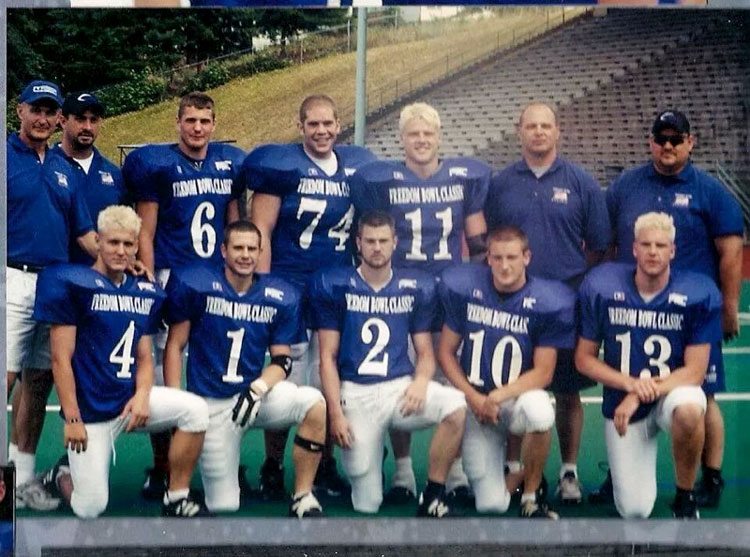 Mountain View had eight players representing the Thunder in the first Freedom Bowl Classic back in 2002. Josh Baird (2) would go on to catch the winning touchdown pass from Ben Huebschman (13) on the final play of the game. Photo courtesy of Ben Huebschman