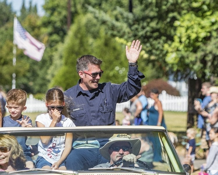 Blaine Dohman, captain at Clark County Fire & Rescue’s La Center station, served as grand marshal of the 2017 Our Days Parade Saturday. Photo by Mike Schultz