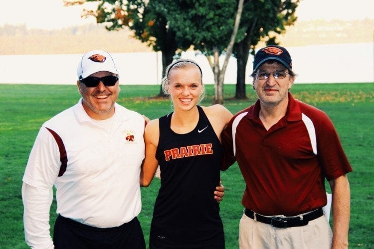 Phil Phimister, right, was a teacher and cross country coach at Prairie High School for more than 30 years before retiring two years ago. His family announced his death earlier this week. Curtis Crebar, left, was friends with Phimister for 17 years. Nicole Goecke, a 2014 Prairie graduate, credits Phimister for helping her reach her potential. She now competes for Oregon State.