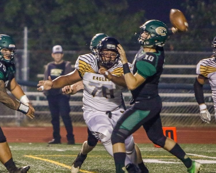 Evergreen quarterback Triston Fich (10) completed 13 of his 22 pass attempts in a win over Hudson’s Bay last week. Photo by Mike Schultz