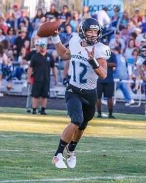 Hockinson quarterback Canon Racanelli (12) was the Hawks’ MVP in the first week of the season according to Coach Rick Steele. Photo by Mike Schultz