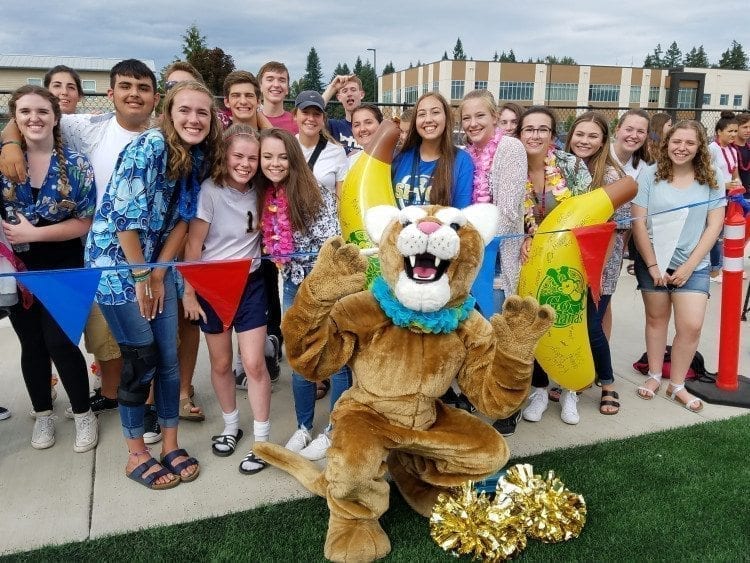 Sebastian the Cougar and students celebrate the first true home game for the Seton Catholic football program Saturday. Photo by Paul Valencia