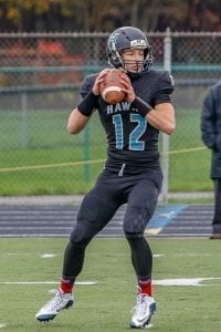 Hockinson quarterback Canon Racanelli (12) led the Hawks to the semifinals of the Class 2A state high school football playoffs. He is ClarkCountyToday’s small school Player of the Year. Photo by Mike Schultz