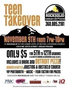 Rocksolid Community Teen Center staff and volunteers invite all teens in grades 5-12 to attend “Teen Takeover”, an event to be held Thu., Nov. 9 at Rocksolid from 7-10 p.m.