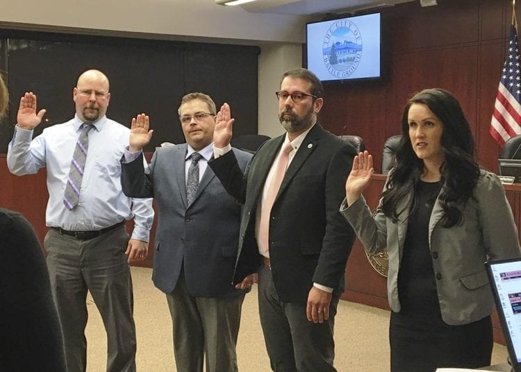 Battle Ground City Council members Brian Munson, Mike Dalesandro, Adrian Cortes and Cherish DesRochers took oaths of office on Tuesday evening, and Dalesandro was appointed by council members to be the new mayor for a two-year term. Photo courtesy of the City of Battle Ground
