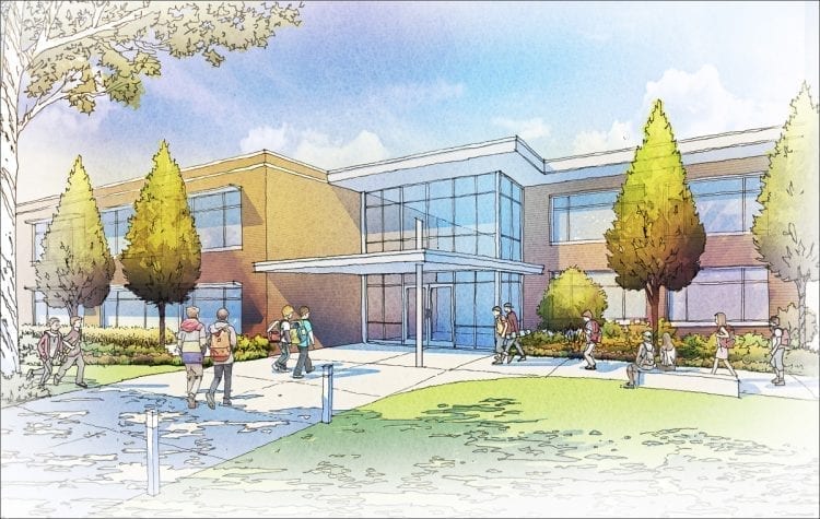 Under the proposed Evergreen Public Schools bond, eight schools would be replaced and a new elementary school built. This rendering gives an example of what a proposed school under the bond would look like. Photo courtesy of Evergreen Public Schools