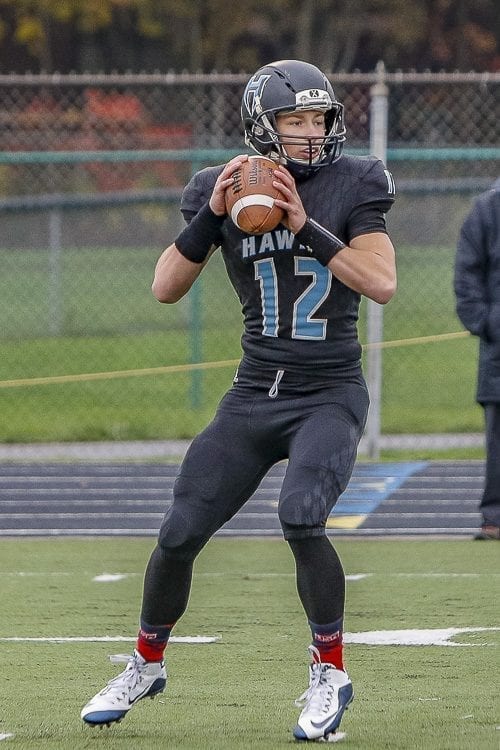 Hockinson’s Canon Racanelli (12) was ClarkCountyToday.com’s Small School Player of the Year this past season when he led the Hawks to the Class 2A state championship and an undefeated season. Photo by Mike Schultz