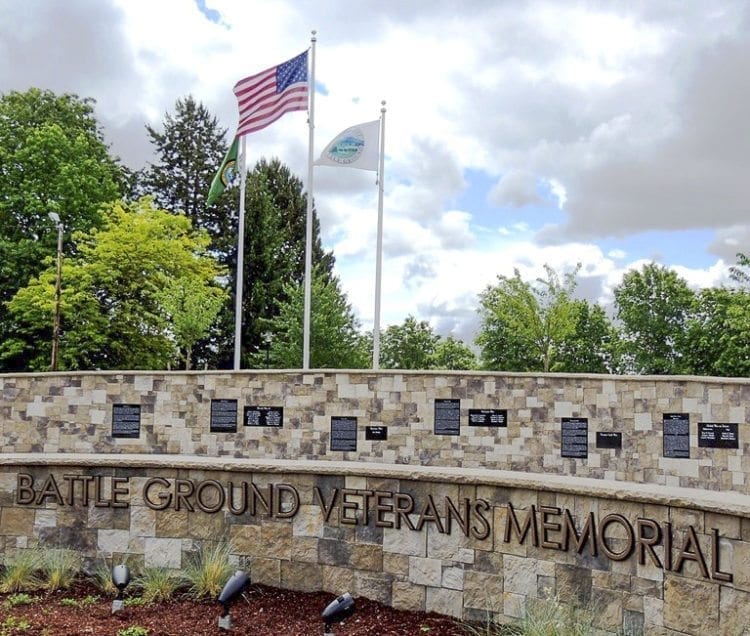 The Battle Ground Veterans Memorial, located in Kiwanis Park, was built and dedicated on November 11, 2015 to honor 31 local sons who died in service to our country and to recognize all U.S. veterans. Photo courtesy of city of Battle Ground