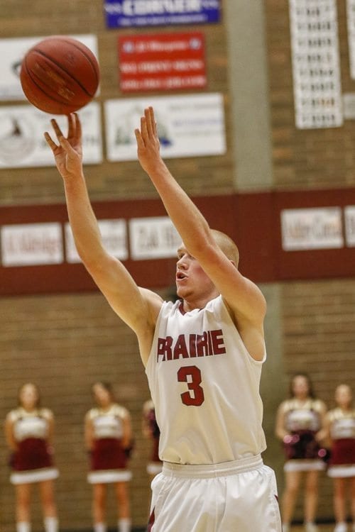 Kameron Osborn (3) made four 3-pointers and scored 17 points in Prairie’s win over Bonney Lake. Photo by Mike Schultz