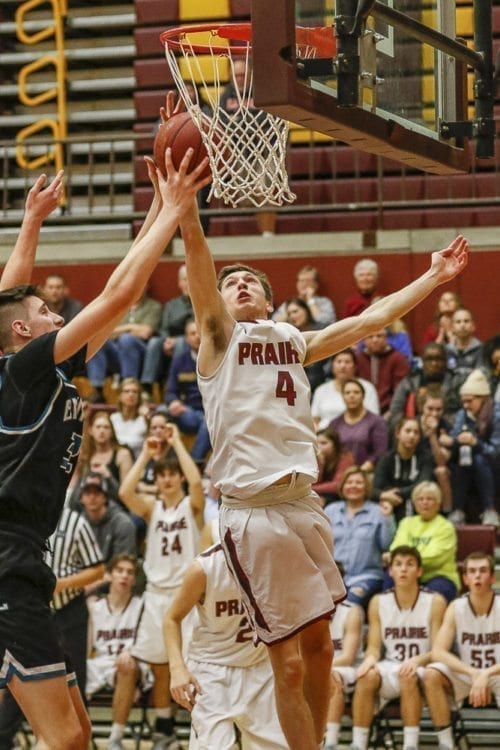 Braiden Broadbent (4) scored 14 of his 23 points in the second half, helping Prairie to a 53-41 win over Bonney Lake. Photo by Mike Schultz