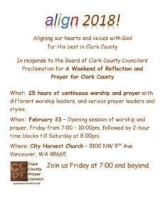 In response to a proclamation by the Board of County Councilors, local faith group Clark County Prayer Connect will host a 25-hour session of continuous prayer for Clark County called “Align 2018!” that will encourage prayer for the county and its leaders. Photo courtesy of Clark County Prayer Connect