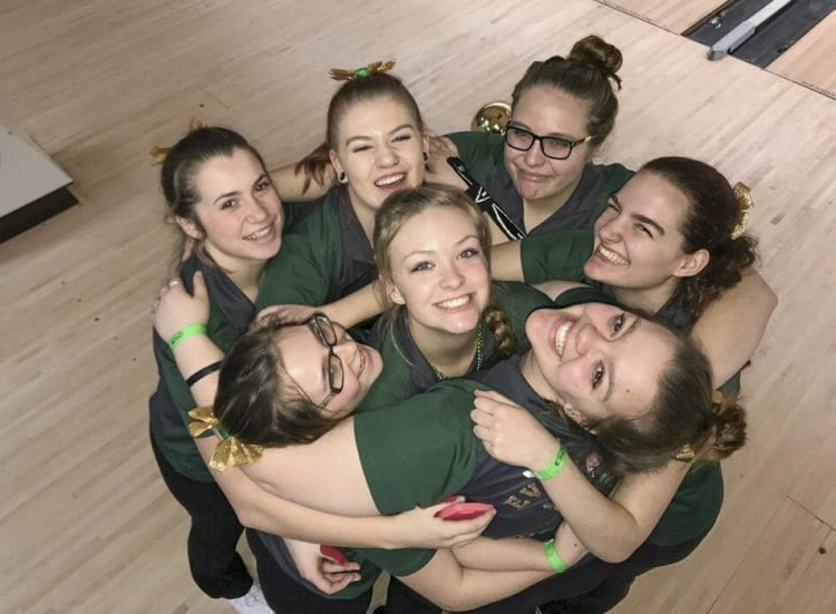 The Evergreen Plainsmen won their second consecutive Class 3A state team bowling title Saturday in University Place. Evergreen scored higher than any team in any classification this season. Photo courtesy of Kerissa Andersen