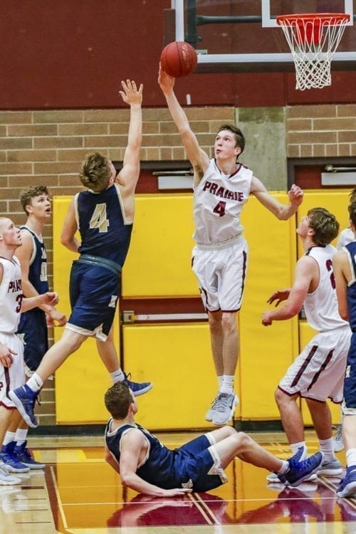 Prairie senior Braiden Broadbent blocked five shots and also scored 14 points as Prairie earned a co-league title with a 64-55 win over Kelso on Friday night. Photo by Mike Schultz