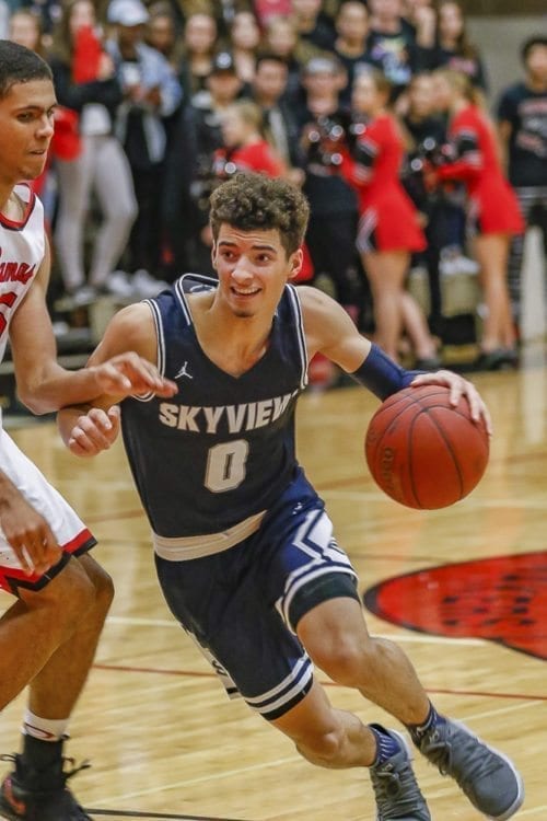Alex Schumacher scored 22 points Monday night, leading the Storm to another victory in the consolation bracket of the Class 4A bi-district boys basketball tournament. Skyview now gets two more games, needing to win one in order to advance to state. Photo by Mike Schultz