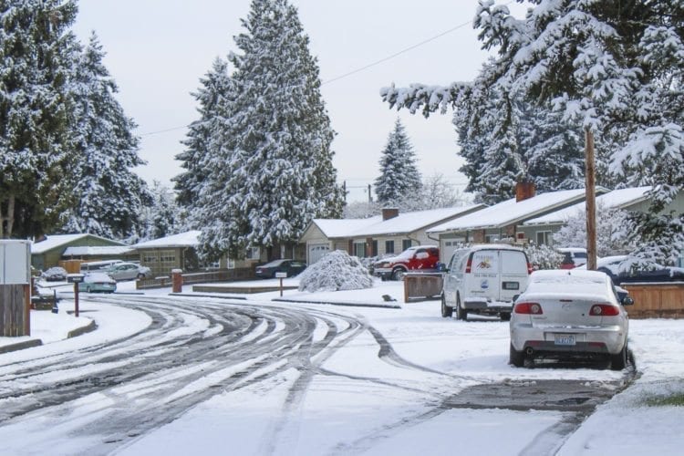 With more snow expected overnight Wednesday, Clark County Public Works is rearranging schedules for road crews to provide around-the-clock response to streets such as NE 87th Ave. in Vancouver (shown here). Photo by Alex Peru