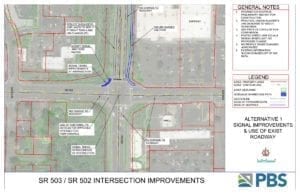 This PDF shows several options for eventual traffic improvements at the SR-503/502 interchange in Battle Ground. Document Courtesy PBS Engineering and Environmental Inc.