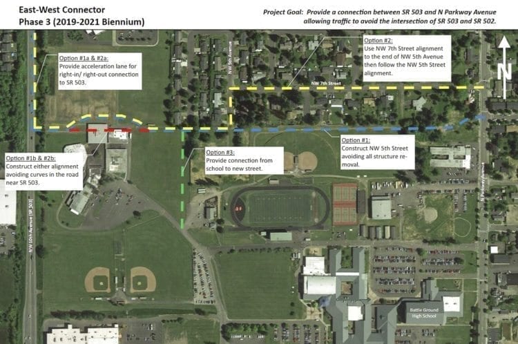 The SW 5th Way Extension would cut through Battle Ground High School property. Photo courtesy City of Battle Ground
