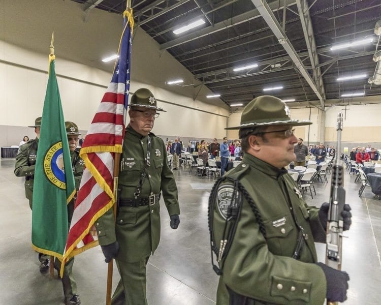 The Clark County Sheriff’s Color Guard opens the 2018 State of the County Address at the Clark County Fairgrounds. Photo by Mike Schultz