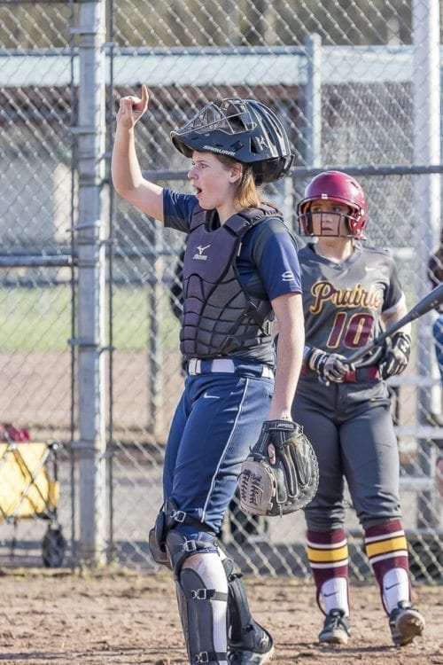 Abby Fischer of Skyview signals to her teammates during a recent game. Fischer has a strong work ethic on and off the field. A Division-I signee, she also is a member of the National Honor Society and excels in science. Photo by Mike Schultz