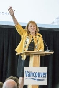 Vancouver Mayor Anne Mcenerny-Ogle thanks the crowd following her first State of the City address. Photo by Mike Schultz