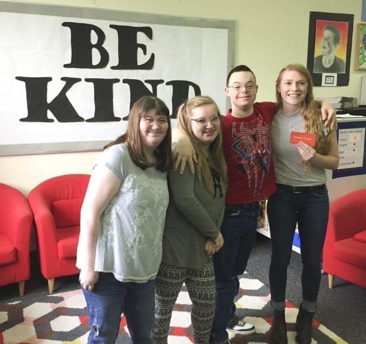 Alyssa Chapin (far right) serves as a peer tutor with Hockinson High School students, including Melany Mathieu, Molly Isaacson and Joshua Pool (shown here, left to right). Photo courtesy of Hockinson School District