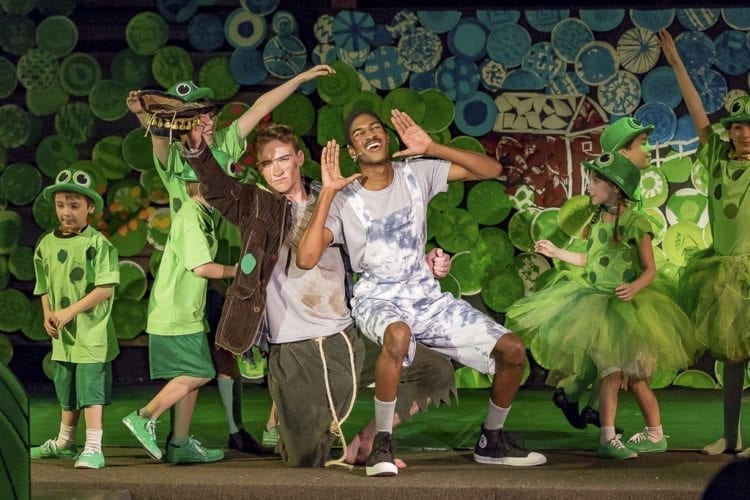 The Bullfrog, played by Benedict Alexander (left) helps to cheer up The Ugly Duckling, played by Trenton Harris (right), with a musical number. CYT plays are open to children ages 4 to 18, and offer not only instruction on theater production but also character development. Photo by Mike Schultz