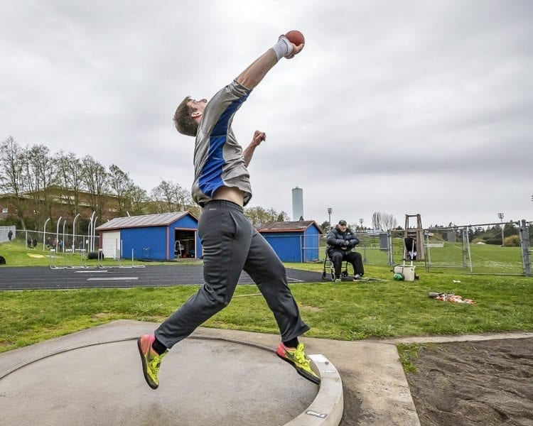 Earlier this season, Trey Knight of Ridgefield set a personal best for outdoor shot put at 63-feet, 3-inches. In the winter, he competed in New York at the prestigious New Balance National Indoor. Photo by Mike Schultz