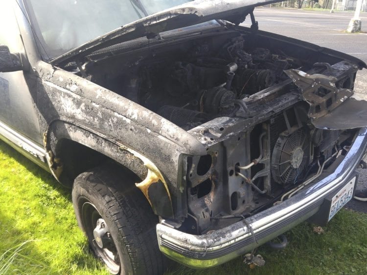 The charred remnants of the Suburban are seen in this photo. Photo courtesy of Debbie Crawford