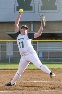 Olivia Grey, shown here earlier in the season, struck out 20 batters in the championship game and 68 in the four game at state for the Woodland Beavers. Photo by Mike Schultz