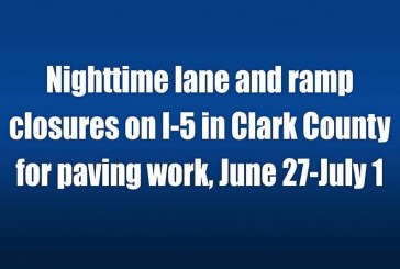 Nighttime lane and ramp closures on I-5 in Clark County for paving work, June 27-July 1