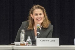 Carolyn Long answers questions at a 3rd Congressional District candidate forum at Clark College. Photo by Mike Schultz