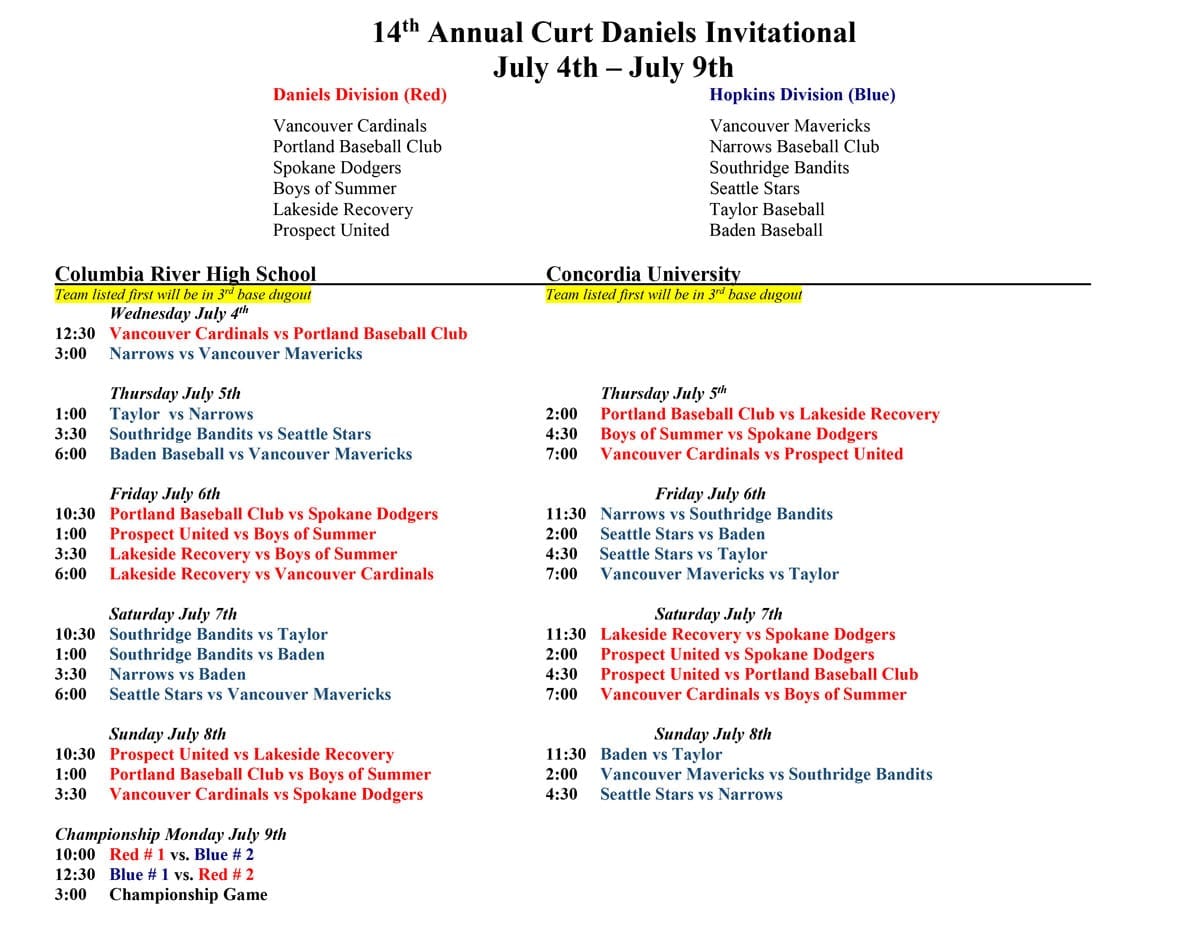 Curt Daniels Tournament schedule. Click for PDF.