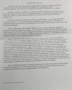 A photo of the resolution approved Wednesday by the Battle Ground Schools Board of Directors, authorizing the filing of a court injunction against striking teachers. Photo by Chris Brown
